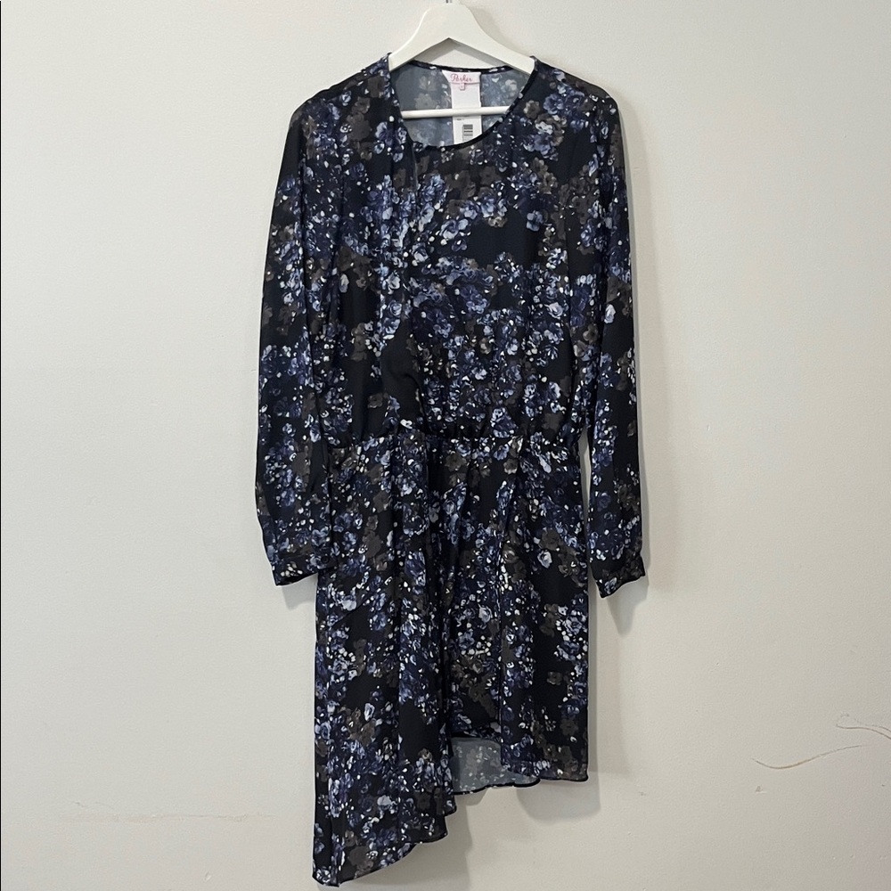Parker Asymmetrical Dress in Black and Blue Floral